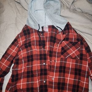 No Boundaries Red and Black Plaid Shirt with Gray Hood